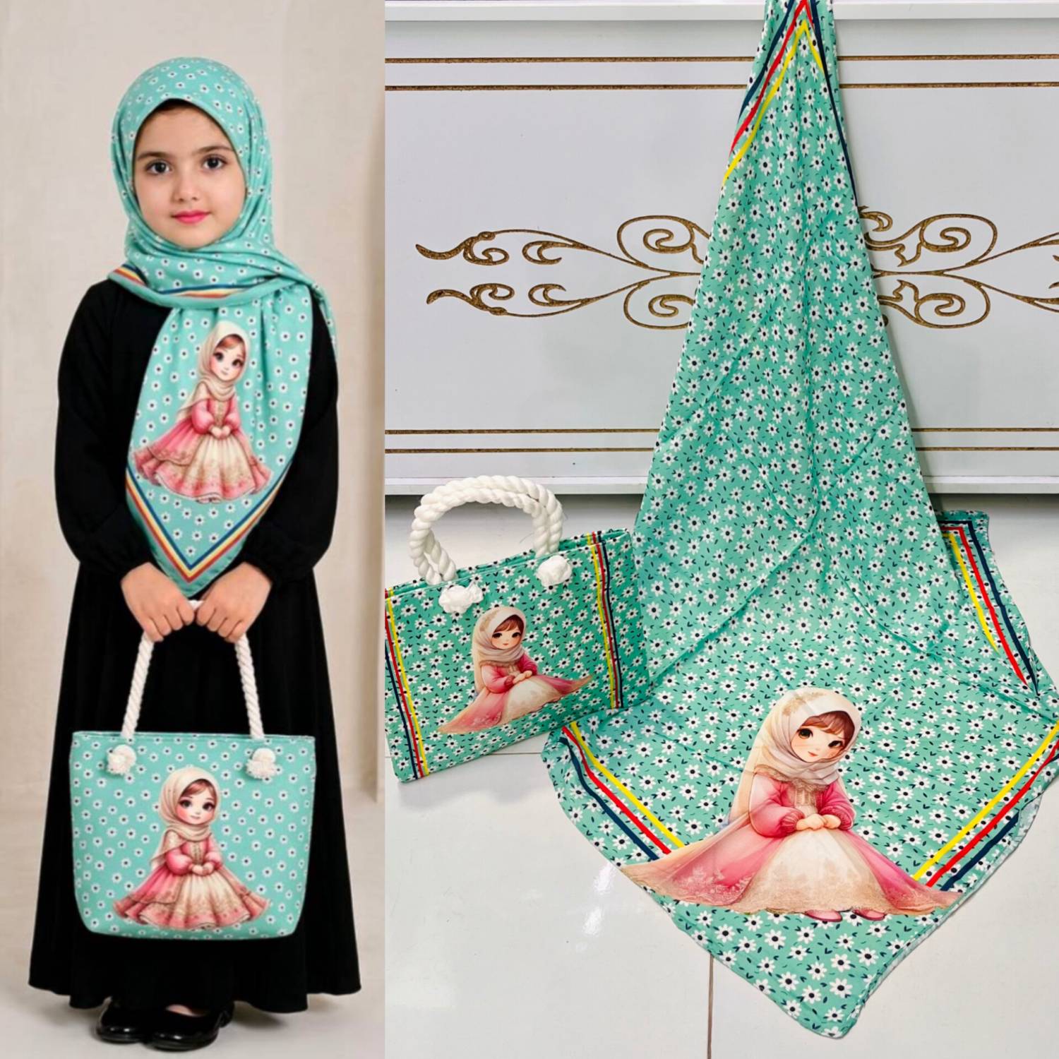 ست کیف و روسری بچگانه جنس روسری نخی دور دوخت جنس_کیف کیفها مخمل ضخیم  ۲۰×۳۰