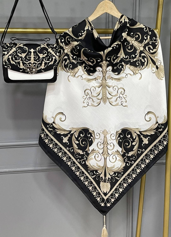 : ست کیف و روسری کاترینا کیف:ترکیبی از پارچه مخمل و چرم نخی منگوله دار مشکی, فیروزه ای, سورمه ای قواره روسری ها۱۳۰سایز کیف ها۱۷×۲۳