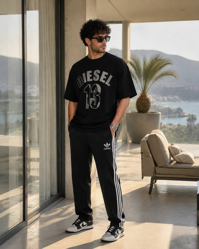 ست مردانه disel تیشرت پنبه اعلا شلوار اسپان نخ مشکی, طوسی, سفید, سبز, خردلی Xl, Xxl, Xxxl