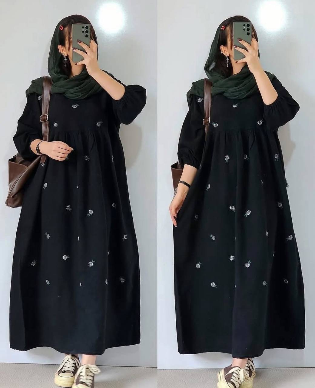 ساحلی بابونه لنینت و گلدوزی بدون پرزدهی و ابرفت مشکی,  موکا,  کرم,  سبز قد کار130فری38تا48-50