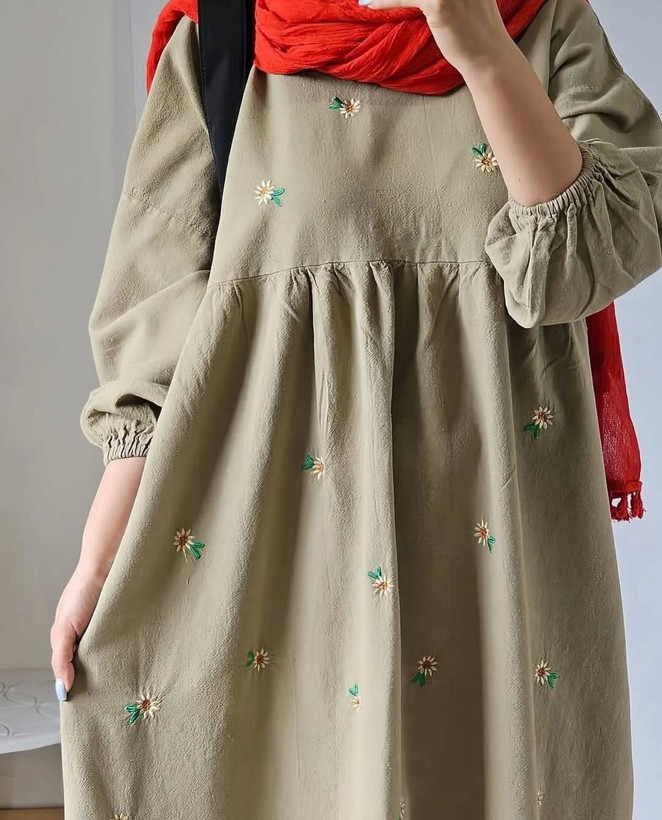 ساحلی بابونه لنینت و گلدوزی بدون پرزدهی و ابرفت مشکی, موکا, کرم, سبز قد کار130فری38تا48-50