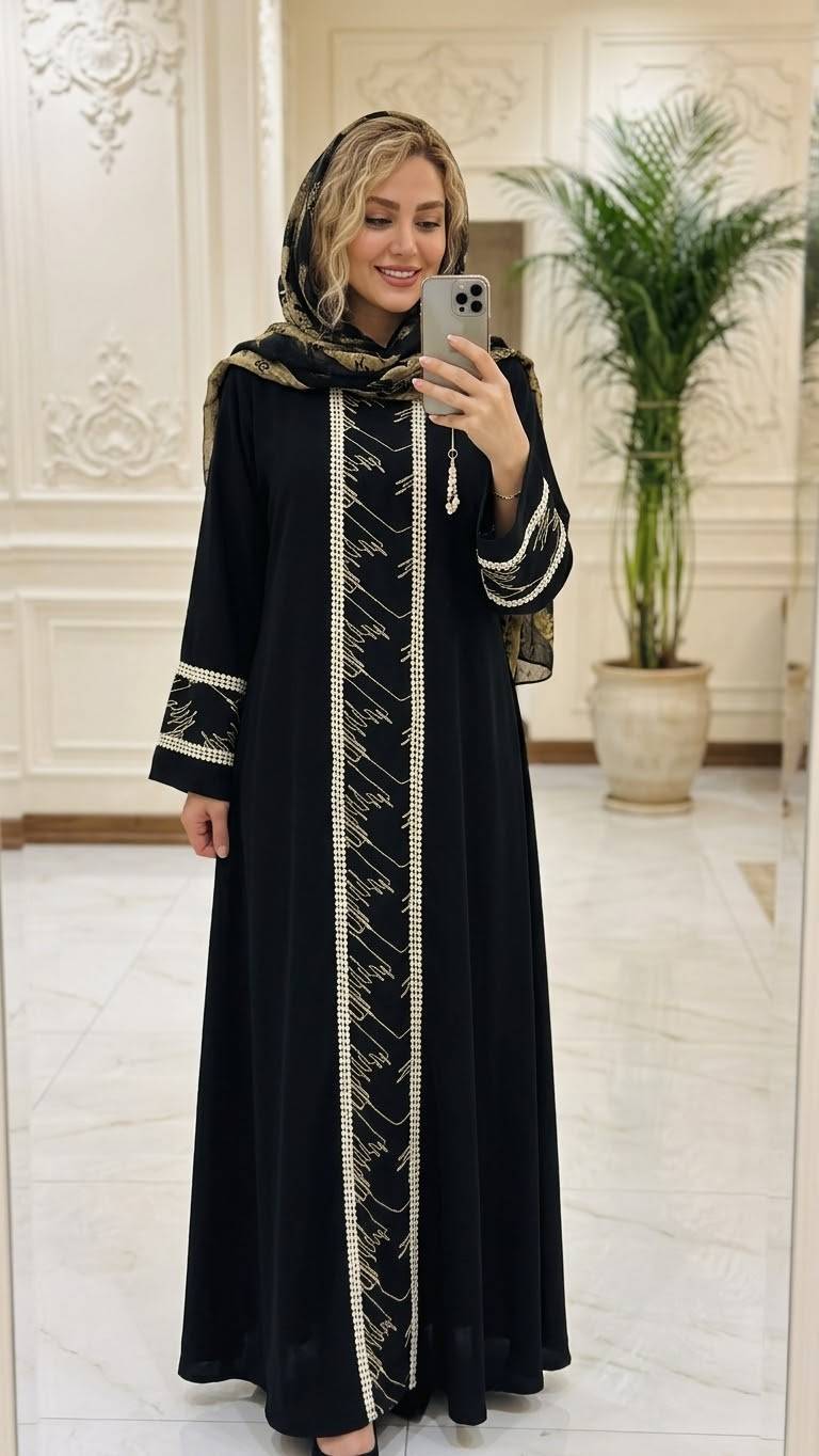 عبای مینا الیزه با کیفیت  مشکی   سایز دو مناسب ۴۶ تا ۵۲,  سایز یک ۳۸ تا ۴۴