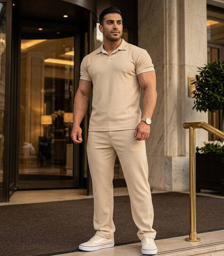 ست تیشرت شلوار مردانه لارنس یقه_مصری زارا فیتله ای لارنس مشکی, سورمه ای, طوسی, شکلاتی, کرم نسکافه ای فری سایز باکسی