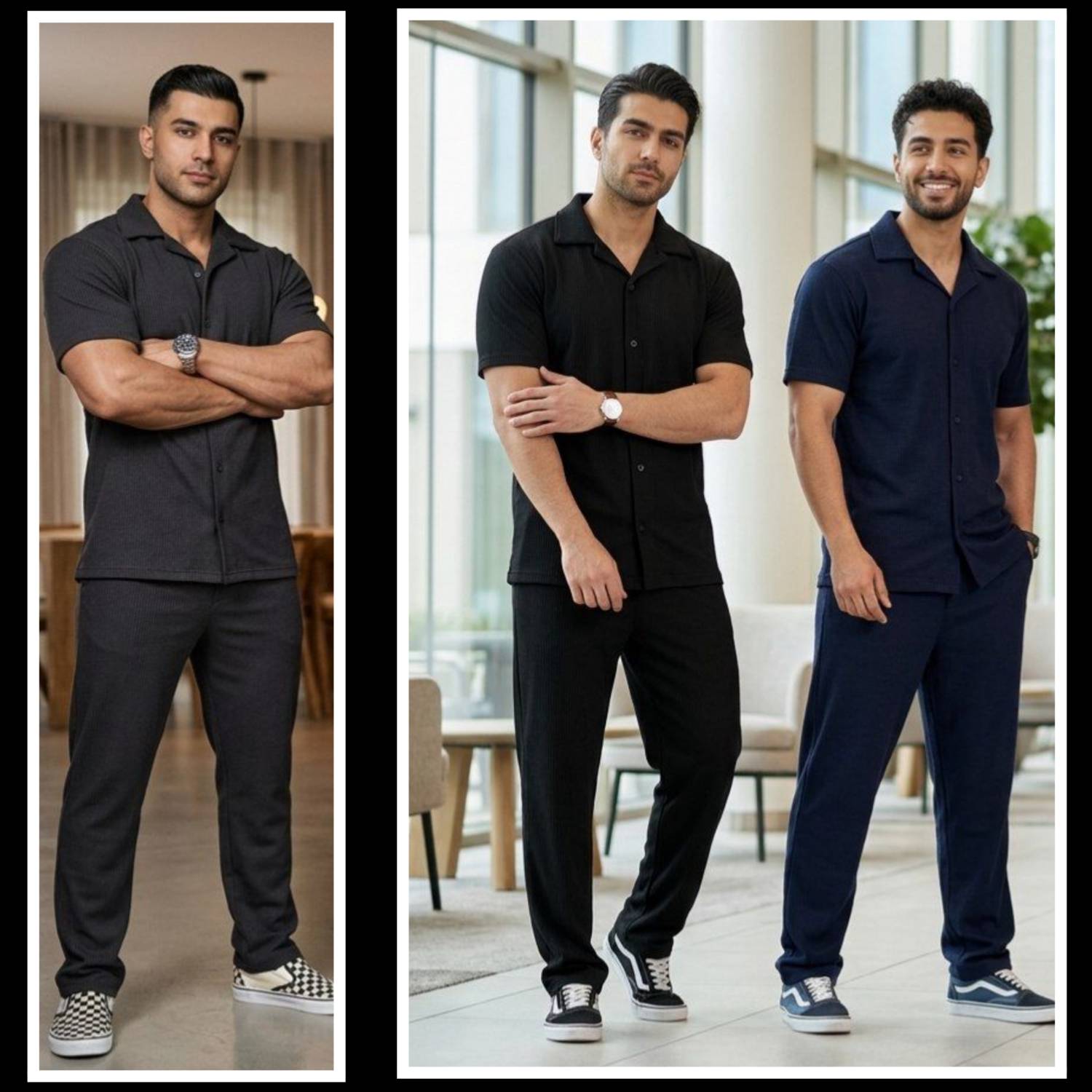 ست تیشرت شلوار جلودکمه مردانه فیتیله‌ای رنگ مشکی,  سورمه ای,  طوسی,  شکلاتی سایز ها :  2XL,  L,  XL ارسال ۷روز کاری