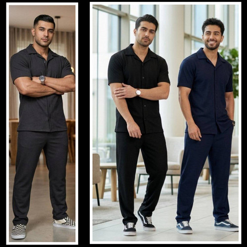 ست تیشرت شلوار جلودکمه مردانه فیتیلهای رنگ مشکی, سورمه ای, طوسی, شکلاتی سایز ها : 2XL, L, XL ارسال ۷روز کاری